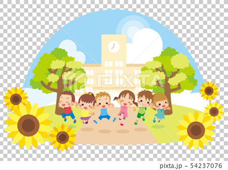 夏の日に学校の前でジャンプする元気な子供たちのイラスト素材