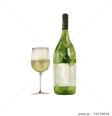 白ワイン グラスとボトル イラスト 水彩のイラスト素材