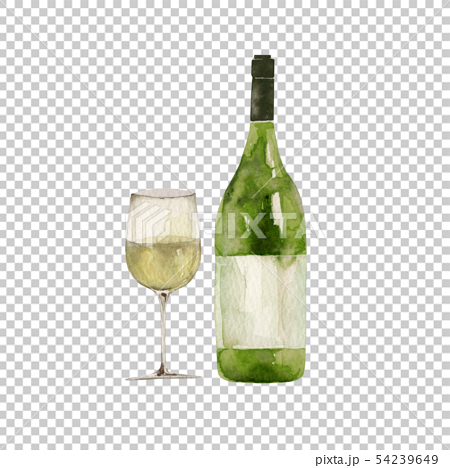 白ワイン グラスとボトル イラスト 水彩のイラスト素材