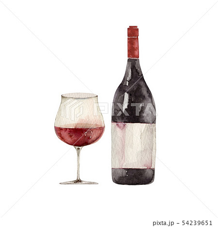 赤ワイン グラスとボトル イラスト 水彩のイラスト素材