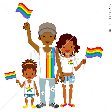 レインボーフラグを持つ黒人家族 Lgbtコンセプトアートのイラスト素材