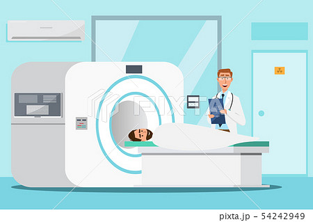 doctor standing and man lying down for x-ray with 54242949