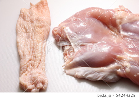 生の鶏もも肉(右)からはがした鶏皮(左)。 54244228