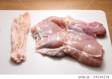 生の鶏もも肉(右)からはがした鶏皮(左)。 54244229