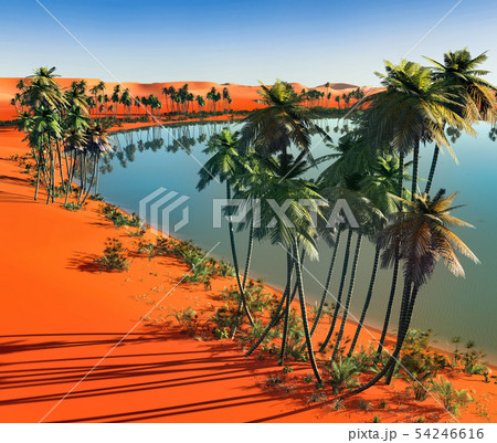 Palm Trees Near Oasis In Africa 3d Renderingのイラスト素材
