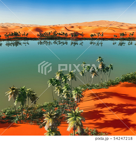 Palm Trees Near Oasis In Africa 3d Renderingのイラスト素材