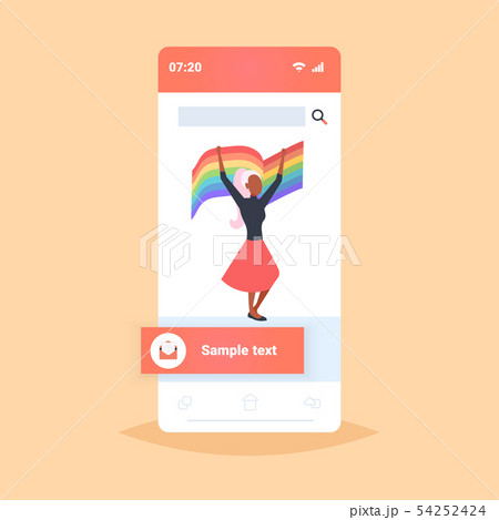 woman holding rainbow flag love parade lgbt pride festival concept smartphone screen online mobile 54252424