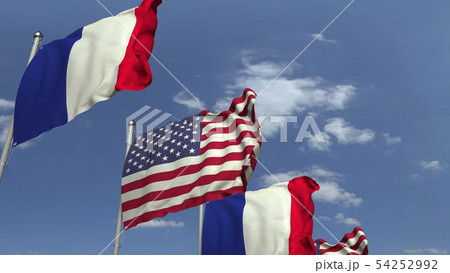 Flags of France and the USA at international meeting, 3D rendering 54252992