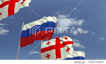 Row of waving flags of Georgia and Russia, 3D rendering 54253064
