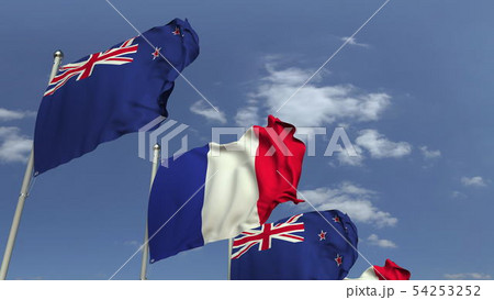 Many flags of New Zealand and France, 3D rendering 54253252
