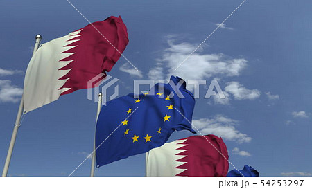 Row of waving flags of Qatar and the European Union EU, 3D rendering Row of waving flags of Qatar and the European Union EU, 3D rendering 54253297