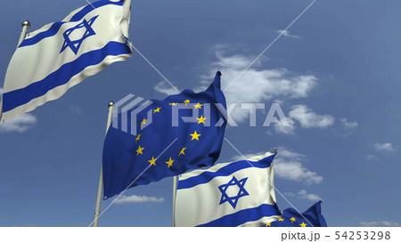 Flags of Israel and the European Union at international meeting, 3D rendering 54253298