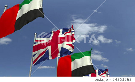 Flags of the UAE and the United Kingdom at international meeting, 3D rendering 54253562