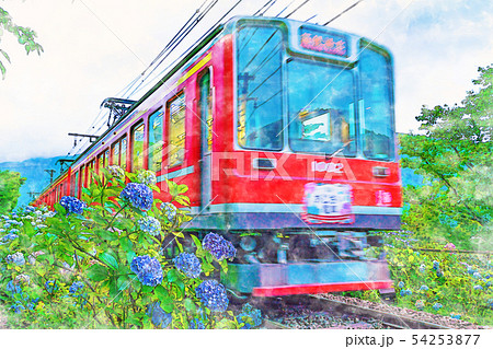 水彩画風] 箱根登山鉄道とあじさいの風景のイラスト素材 [54253877] - PIXTA