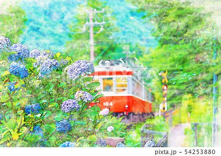 水彩画風] 箱根登山鉄道とあじさいの風景のイラスト素材 [54253880