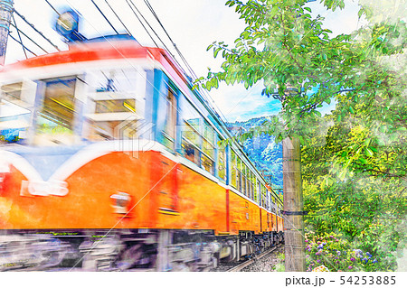 水彩画風] 箱根登山鉄道とあじさいの風景のイラスト素材