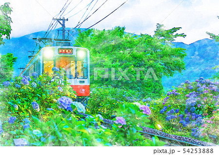 風景画　箱根登山鉄道　水彩画 紫陽花　　SHO 水彩画風] 箱根登山鉄道とあじさいの風景のイラスト素材