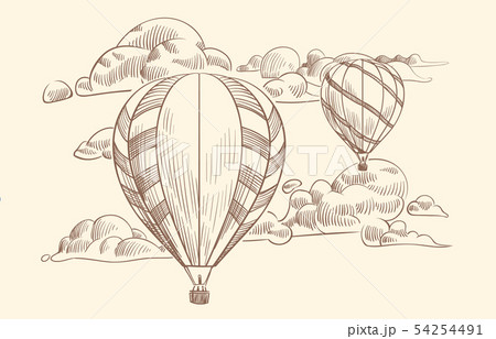 Sketch air balloon in clouds. Flight travel by air balloons with basket in cloudy sky. Doodle 54254491