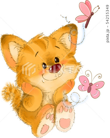 The cute red striped kitten with butterfly bugs, greeting card illustration The cute red striped kitten with butterfly bugs, greeting card illustration 54255349