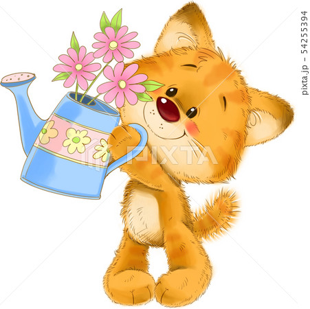 The cute red striped kitten with watering can, flower, greeting card illustration 54255394