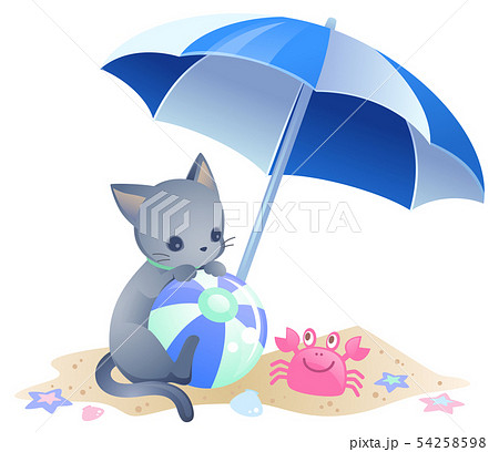 猫とビーチパラソルのイラストカットのイラスト素材