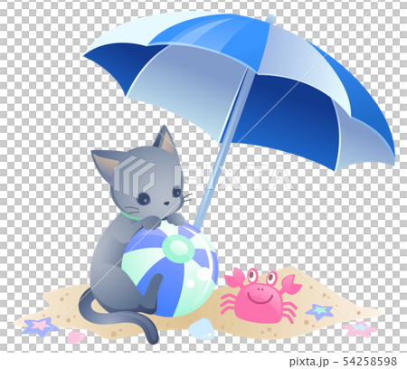 猫とビーチパラソルのイラストカットのイラスト素材
