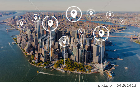 Map pins with aerial view of Manhattan Map pins with aerial view of Manhattan 54261413