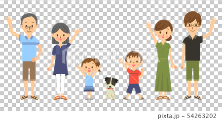並んで手を振る三世代家族とペット 並んで手を振る三世代家族とペット 54263202