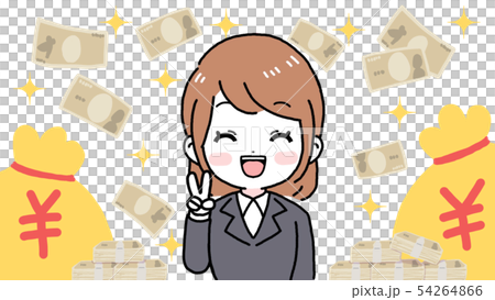 一個穿著西裝的微笑而快樂的女人(棕色鮑勃)賺了很多錢 一個穿著西裝的微笑而快樂的女人(棕色鮑勃)賺了很多錢 54264866