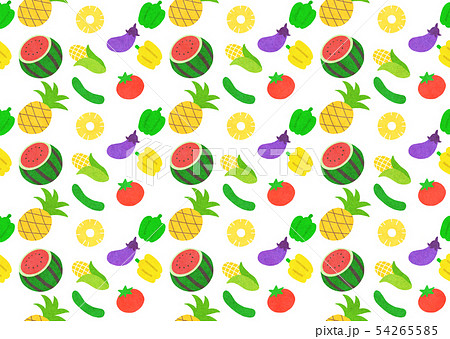 夏野菜とフルーツのパターン 白背景のイラスト素材