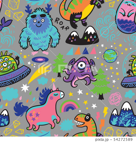 Rainbow seamless pattern with magic creatures in cartoon style. 54272589