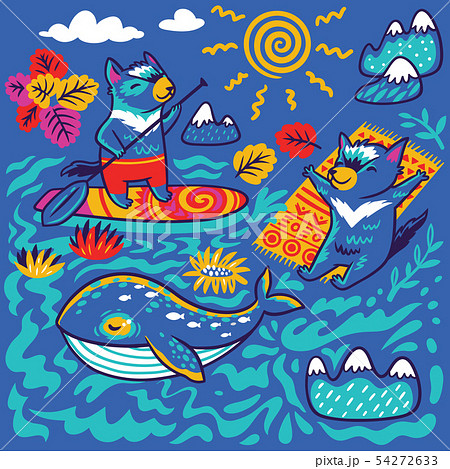 Summer print with whale and Tasmanian devil characters in decorative ornamental style. Vector Summer print with whale and Tasmanian devil characters in decorative ornamental style. Vector 54272633