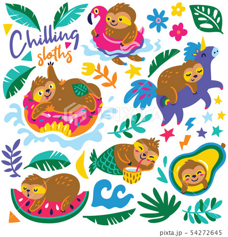 Vector cartoon set with sloths characters relax in summer holidays Vector cartoon set with sloths characters relax in summer holidays 54272645