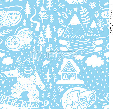 Snowy endless background of ski resort with chalet, mountains and forest animals. Vector Snowy endless background of ski resort with chalet, mountains and forest animals. Vector 54272665
