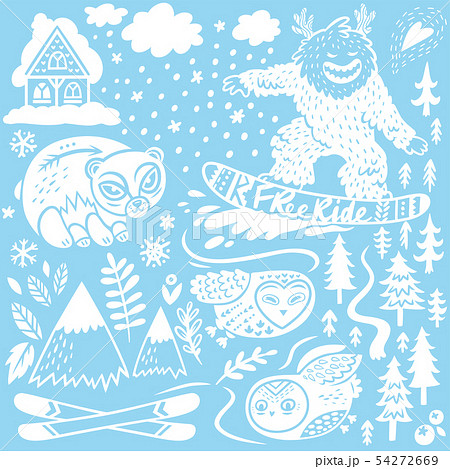 Winter hand drawn elements collection. Ski resort. Chalet, mountains and forest animals. Vector Winter hand drawn elements collection. Ski resort. Chalet, mountains and forest animals. Vector 54272669