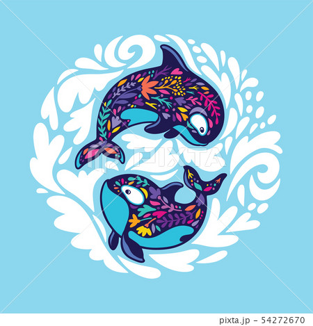 Floral orca whales in the circle. Vector illustration Floral orca whales in the circle. Vector illustration 54272670
