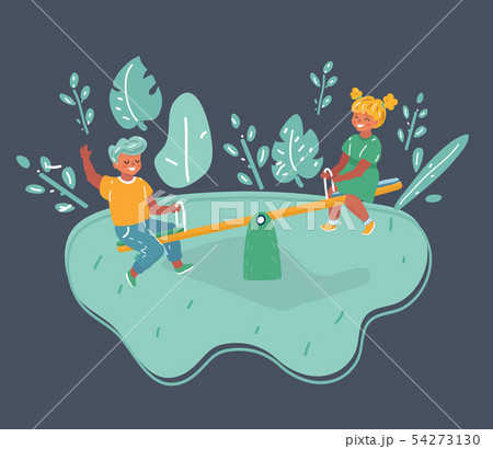 Cartoon kids playing seesaw on dark. 54273130
