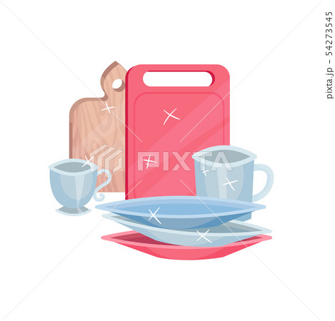 Clean two cutting boards, mugs and plates. Vector illustration on white background. 54273545