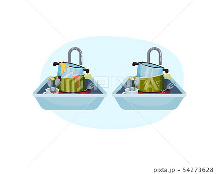 Ware in the sink before and after washing. Vector illustration on blue oval shape background. 54273628