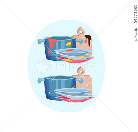 Many different dishes before and after washing. Vector illustration on blue oval shape background. Many different dishes before and after washing. Vector illustration on blue oval shape background. 54273630
