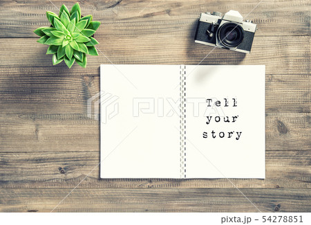Office desk flat lay Open book photo camera Office desk flat lay Open book photo camera 54278851