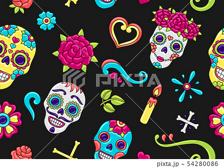 Day of the Dead seamless pattern. Sugar skulls with floral ornament. 54280086