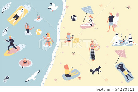 People at beach or seashore relaxing flat cartoon People at beach or seashore relaxing flat cartoon 54280911
