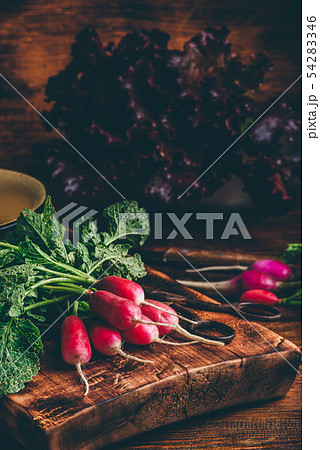 Red radish on cutting board 54283346