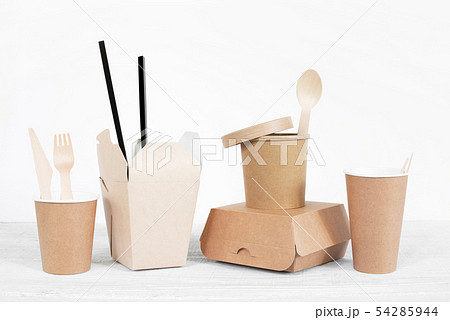 Eco-Friendly disposable tableware on white Eco-Friendly disposable tableware on white 54285944