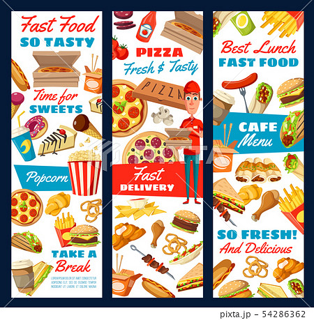 Fast food pizza, burger and fries. Delivery sevice 54286362