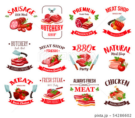 Meat, beef and pork sausages, ham, salami, chicken 54286602