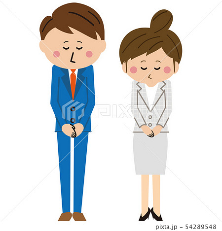 ポップなスーツを着た男女がお辞儀のイラスト素材 ポップなスーツを着た男女がお辞儀のイラスト素材