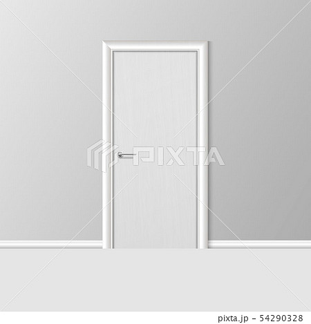 Vector Realistic 3d Simple Modern White Closed Door with Frame on Grey Wall in the Empty Room 54290328