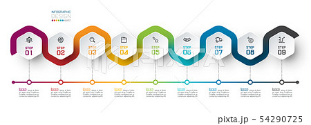 Hexagon label with color line linked infographics. 54290725